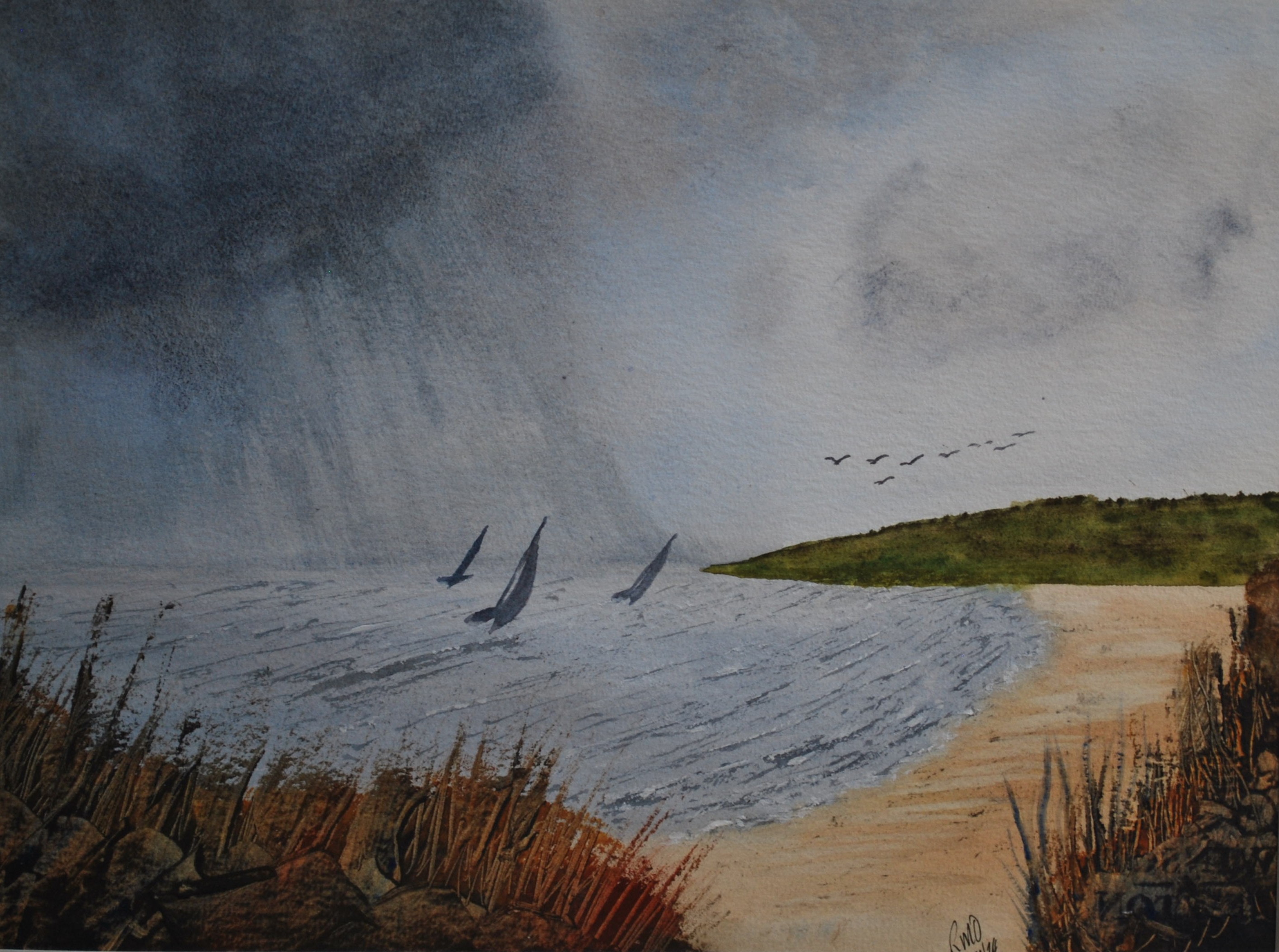 Three sailboats defying a menacing storm